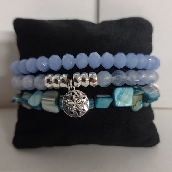 Sea Life Charm Stretch Bracelet set (Shades of Blue and Silvertone) 3pc set - Picture 5 of 8